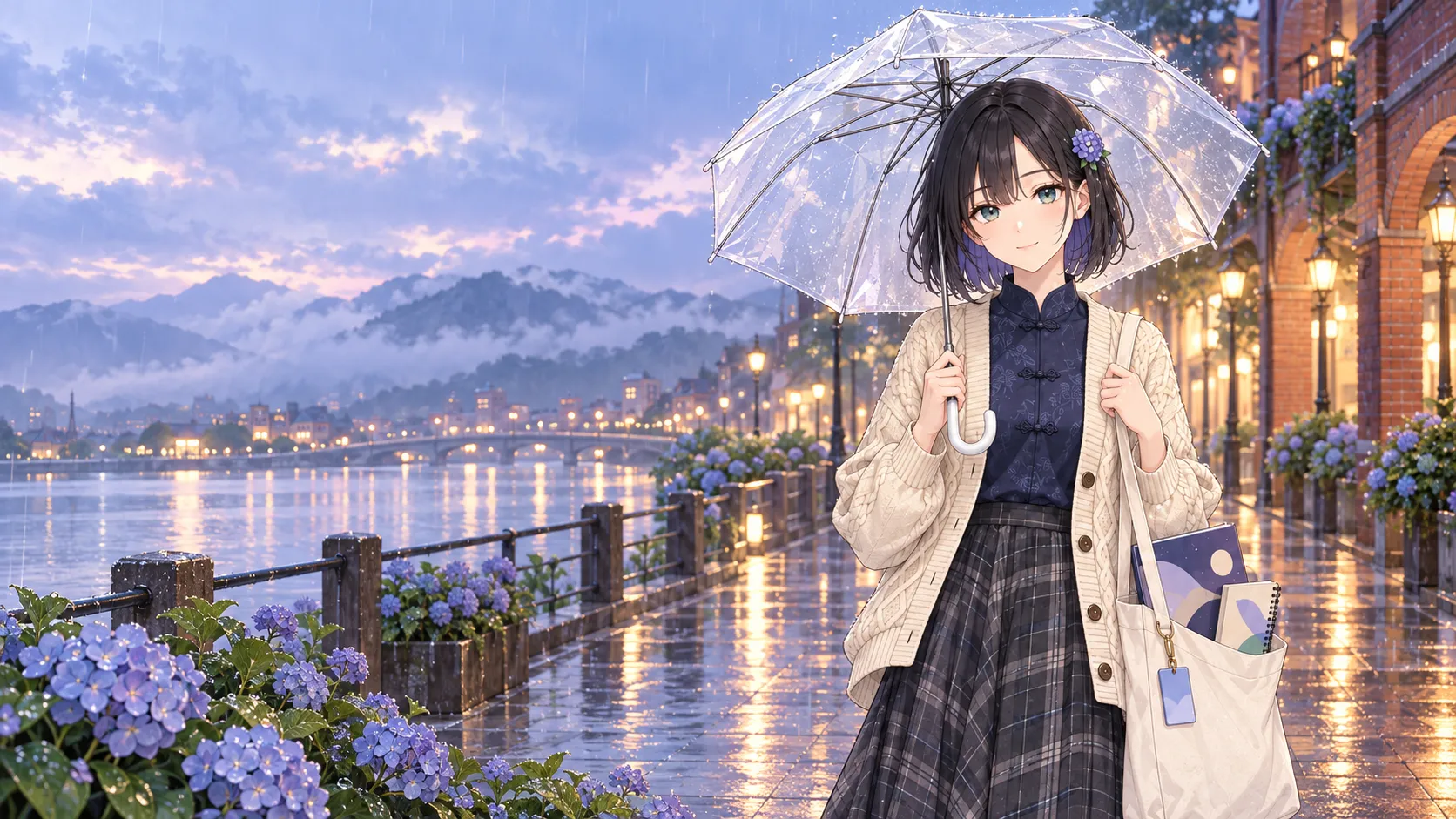 紬撐著透明雨傘站在雨天的河岸步道，身旁是紅磚騎樓、繡球花與雲霧中的山，台北意象插畫